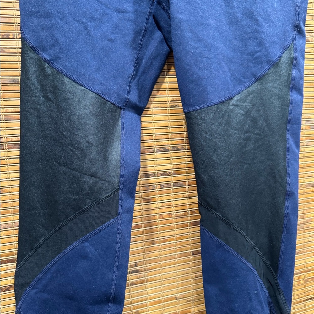 Athleta Navy Blue Leggings with Black faux leather patch - Picture 2 of 8